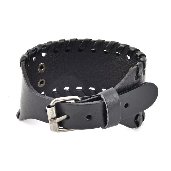 Set of 2 Genuine Leather Bracelets Dualtone Adjustable Black Original Box - Picture 3 of 15